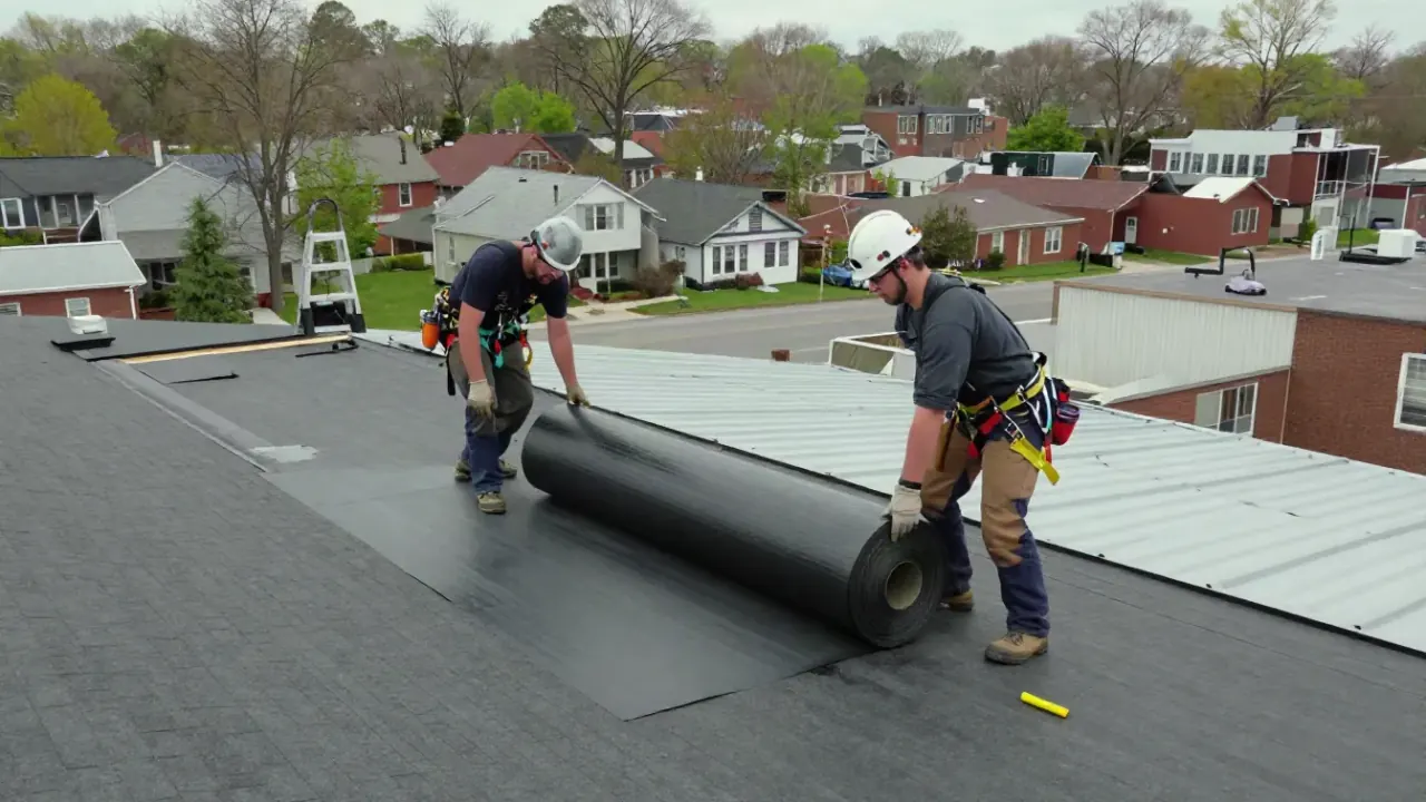 Roof Repair in East Orange, NJ: team of two roofers collaborating to carry a heavy roll of commercial roofing membrane