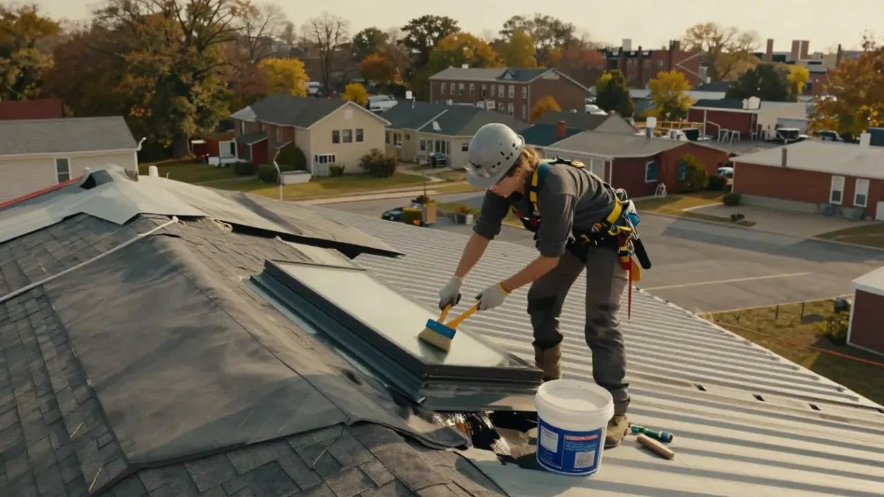 Commercial Roof Repair in East Orange, NJ : roofer applying liquid-applied roofing sealant around a skylight on a commercial