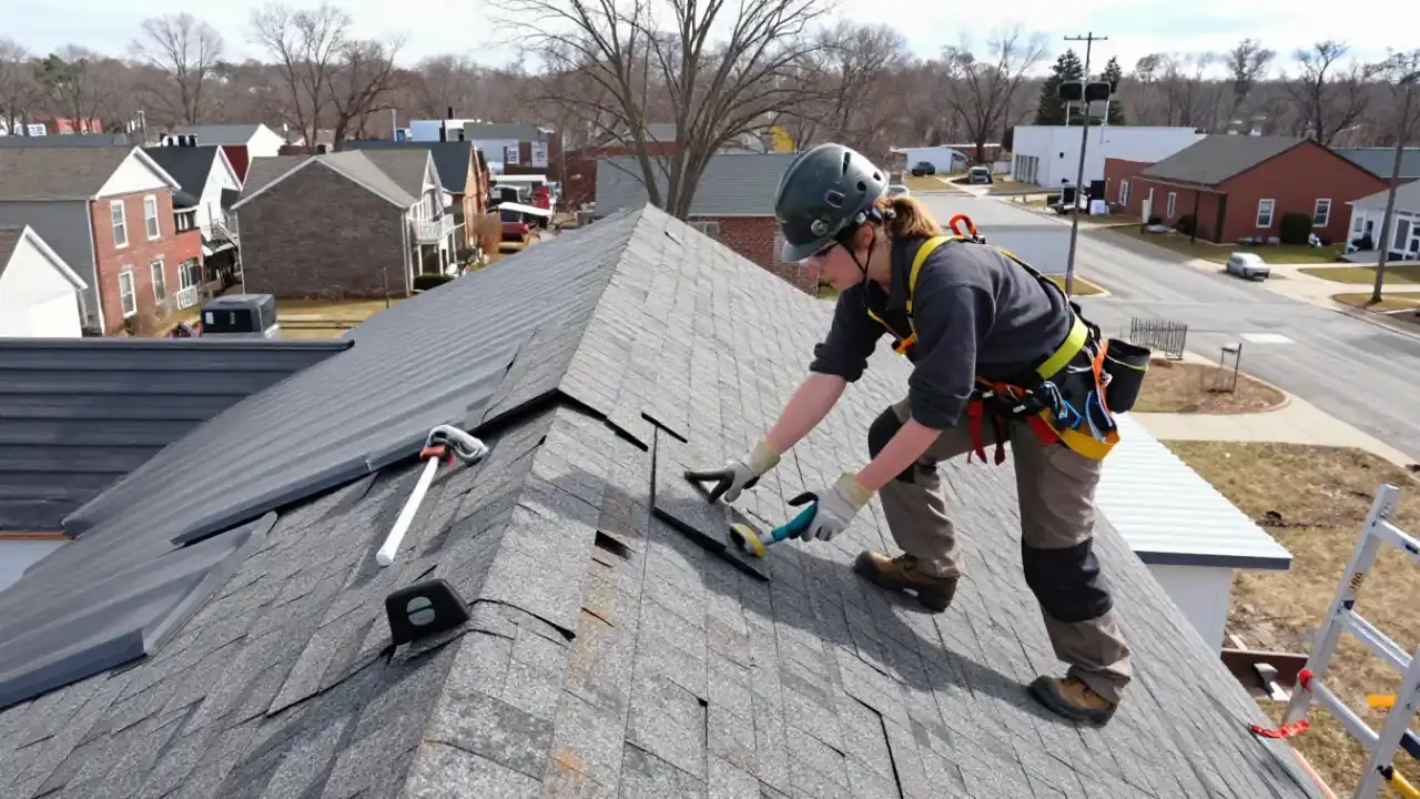 Roof Inspection Services in East Orange, NJ : roofer examining the granular loss and curling of asphalt shingles on a sloped