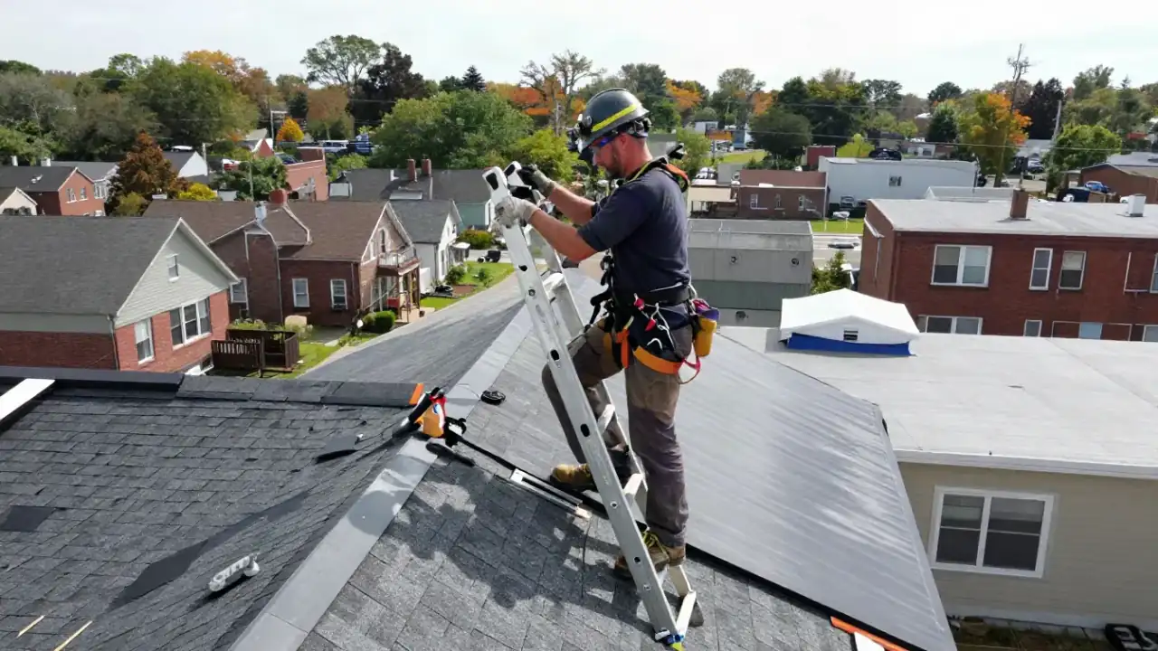 Roof Repair in East Orange, NJ: roofer carefully scaling a tall extension ladder to access a residential roof, with safety