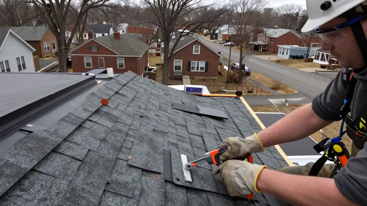 Roof Repair in East Orange, NJ: close-up of a roofer's hands using a shingle remover tool to pry up a damaged shingle on a