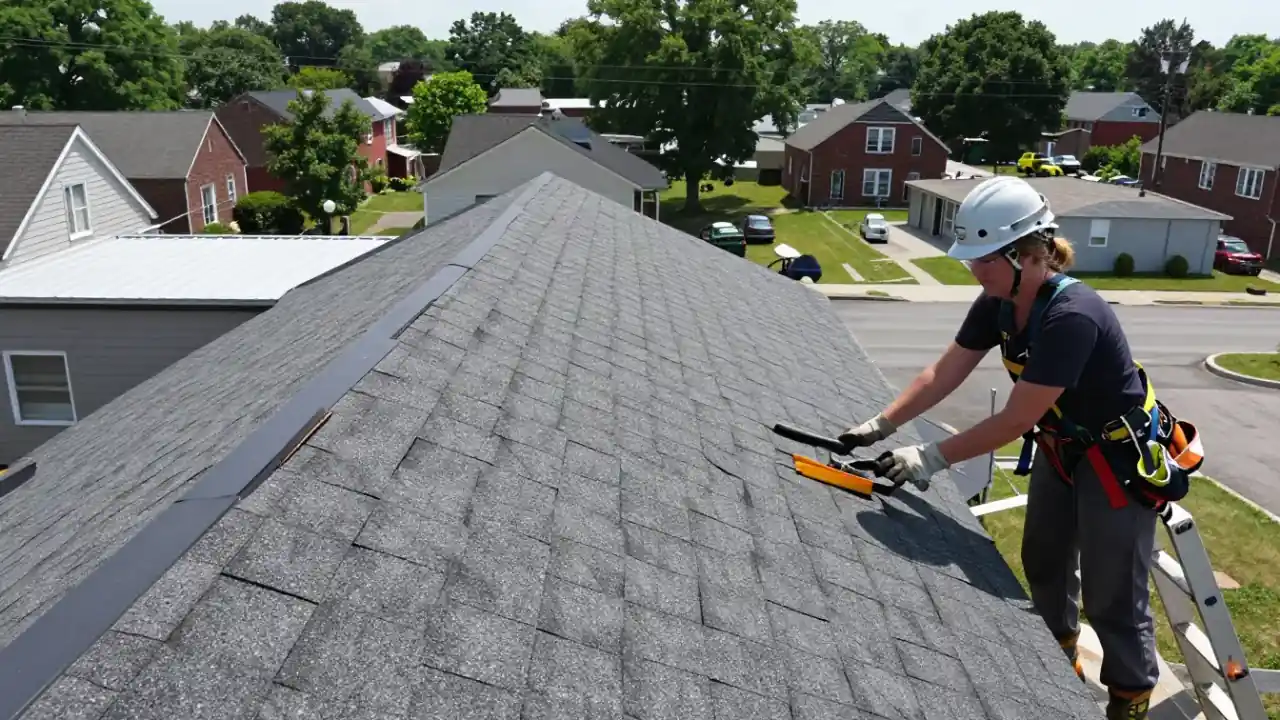 Roof Repair in East Orange, NJ: close-up of new, neatly installed asphalt shingles perfectly aligned on a section of a